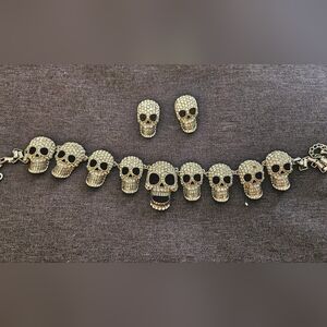 Silver Pavé Crystal Skull Necklace and Earrings Jewelry Set